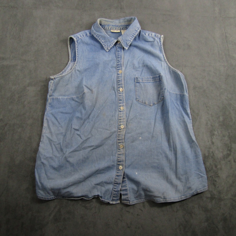Cherokee Denim Shirt Women 16W Blue Sleeveless Button Up Cotton Blend Stretch